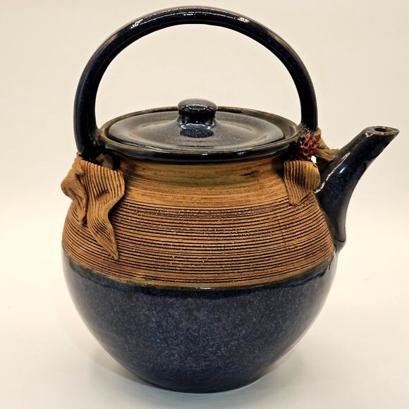 Signed Vintage Ribbed Studio Pottery Teapot with Lid - Floral Berry Accents - Picture 2 of 8